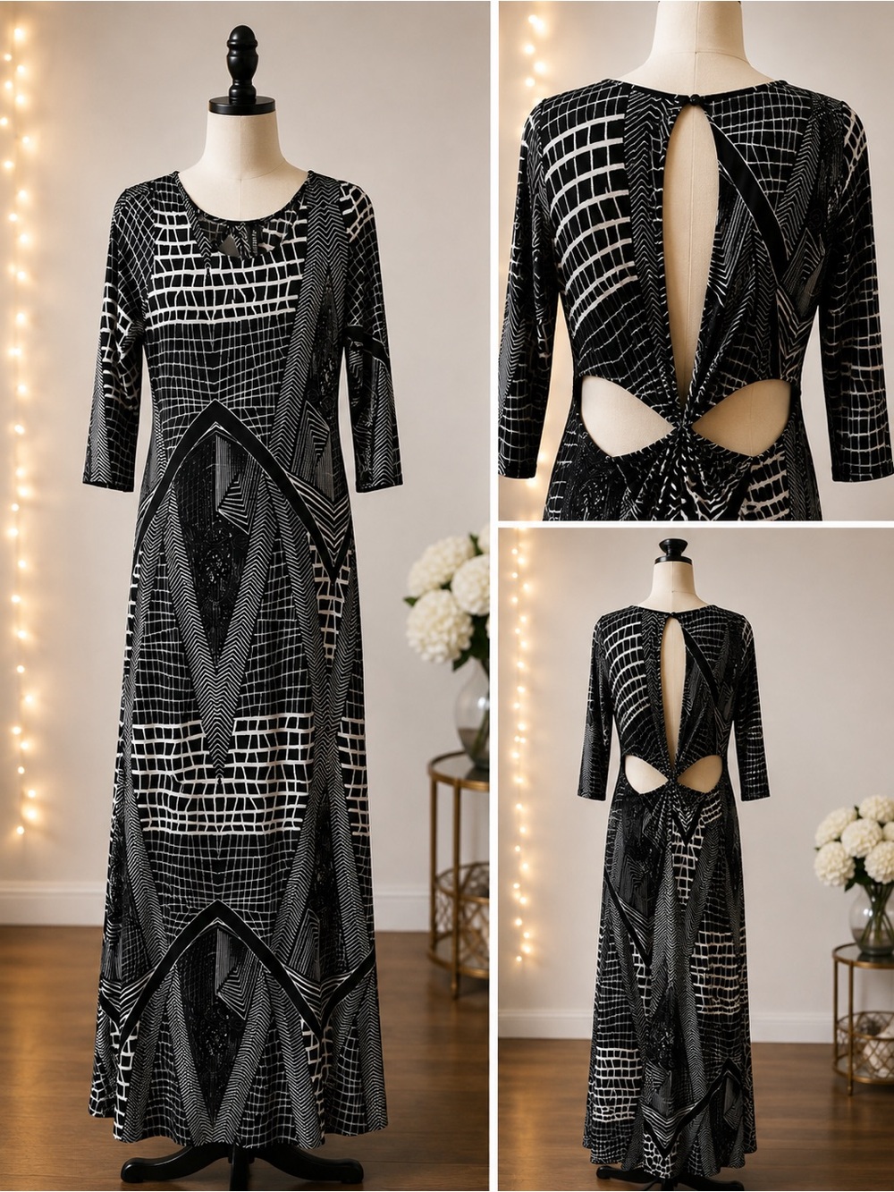 Women’s Black & White Geometric Maxi Dress 3/4 length sleeves